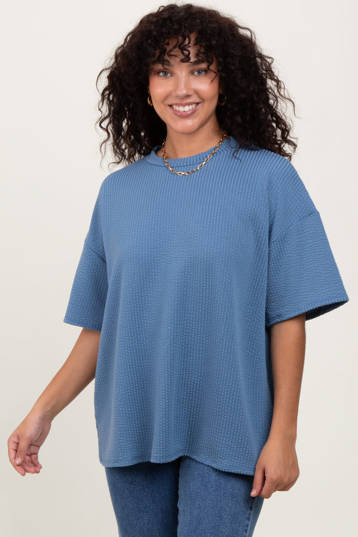 Blue Ribbed Short Sleeve Top