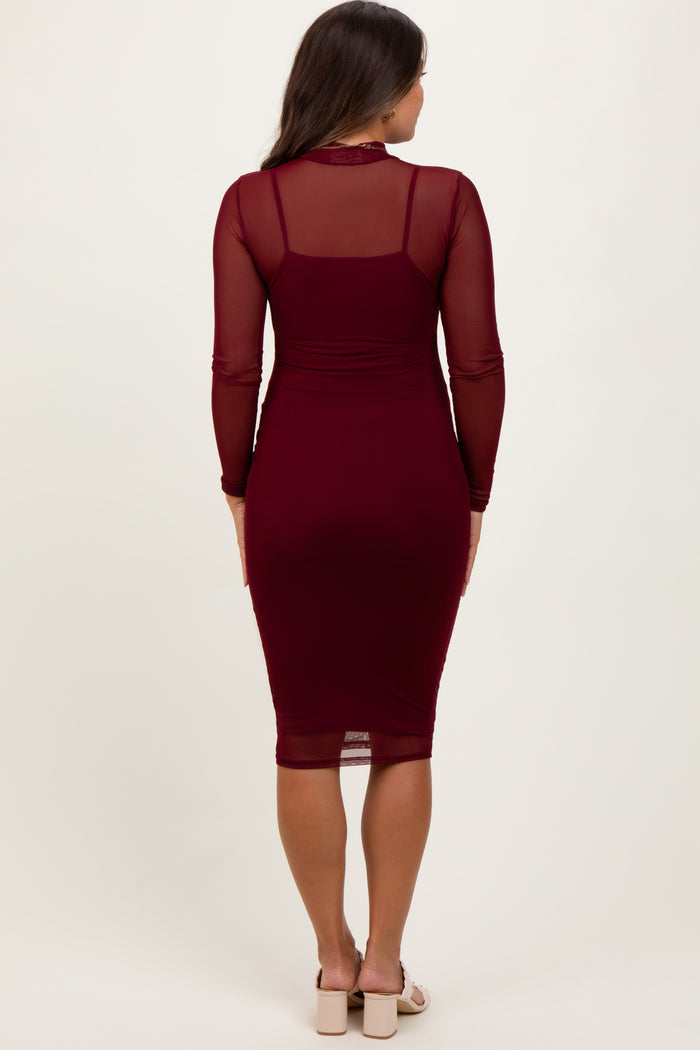 Burgundy Mesh Overlay Long Sleeve Maternity Midi Dress