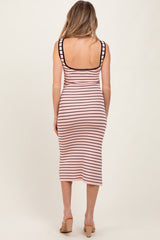Light Pink Striped Knit Square Neck Maternity Midi Dress