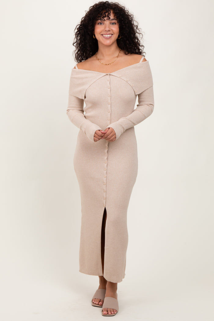 Beige Off Shoulder Long Cardigan Maternity Maxi Dress