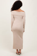 Beige Off Shoulder Long Cardigan Maxi Dress