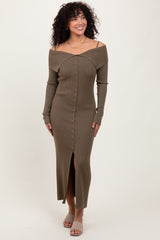 Olive Off Shoulder Long Cardigan Maternity Maxi Dress