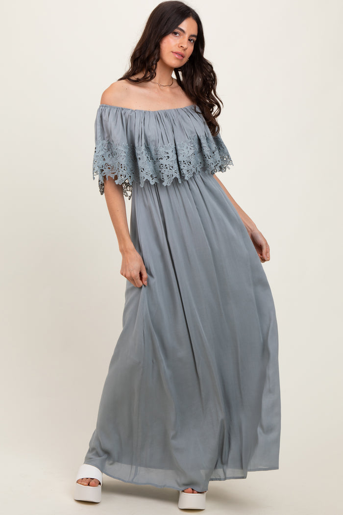 Sage Lace Off Shoulder Maternity Maxi Dress