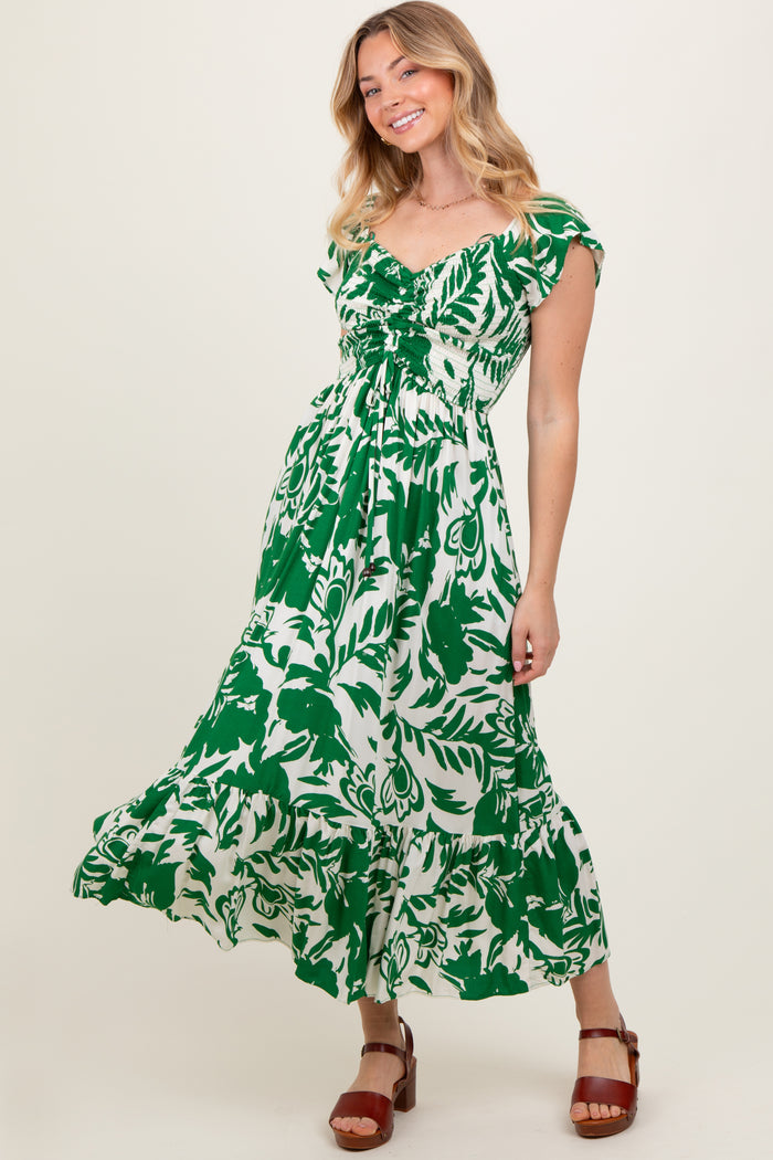 Green Cream Smocked Top Midi Dress