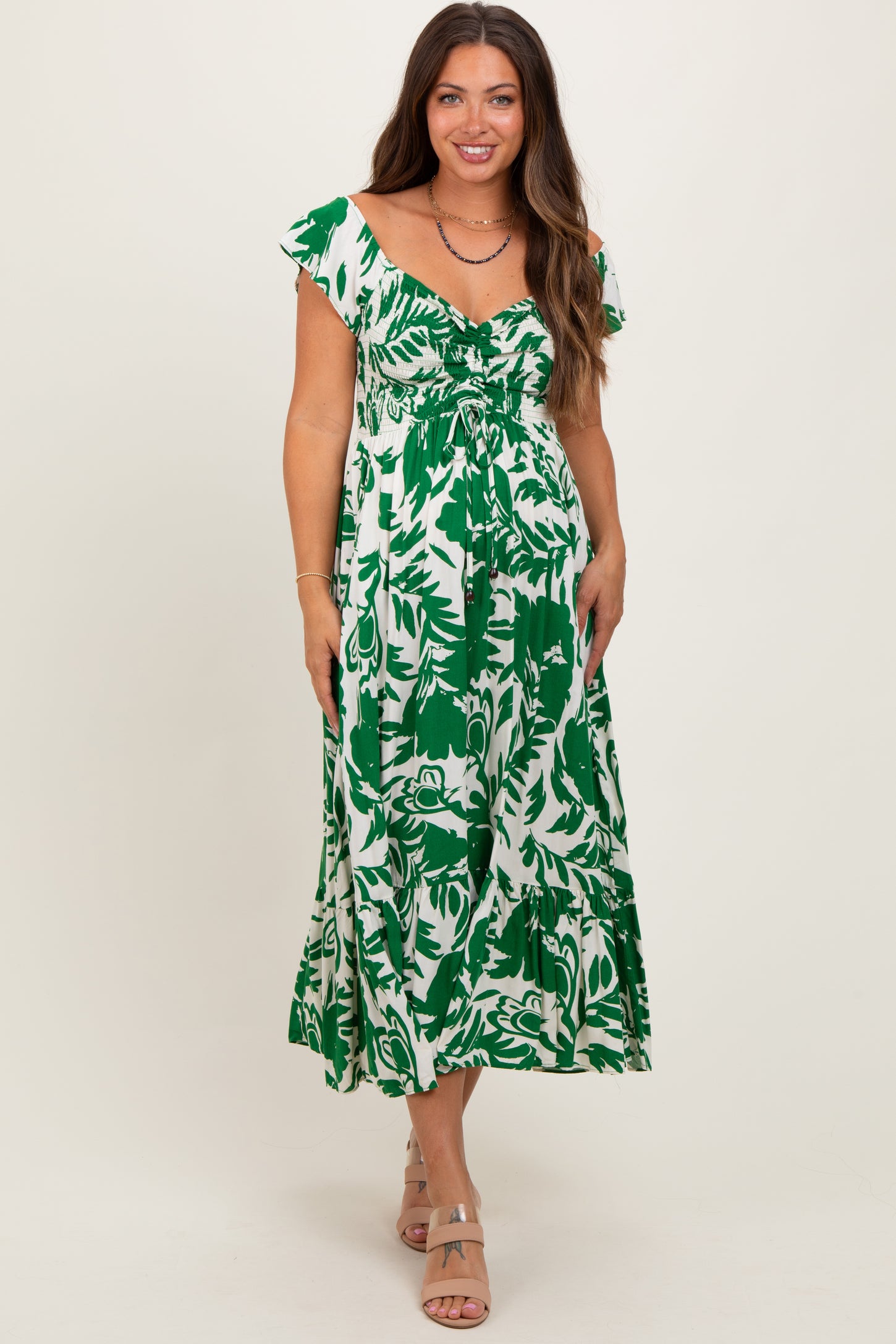 Green Cream Smocked Top Maternity Midi Dress