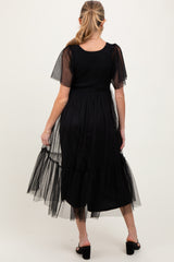 Black Dotted Tulle Smocked Maternity Midi Dress