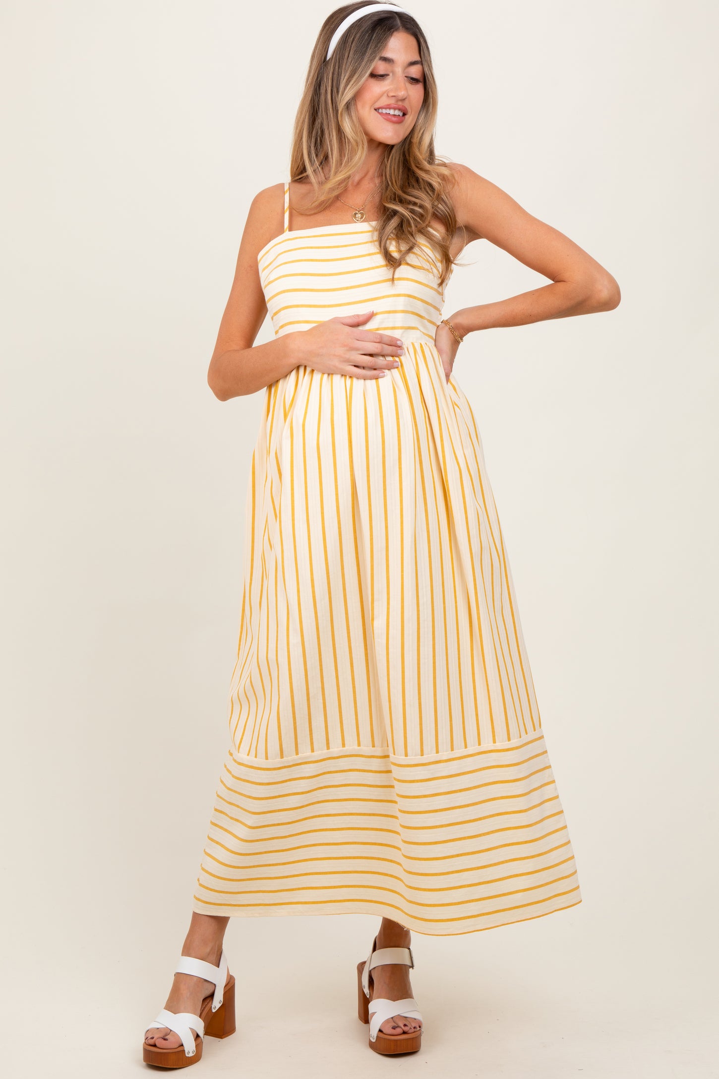 Yellow Striped Sleeveless Maternity Maxi Dress