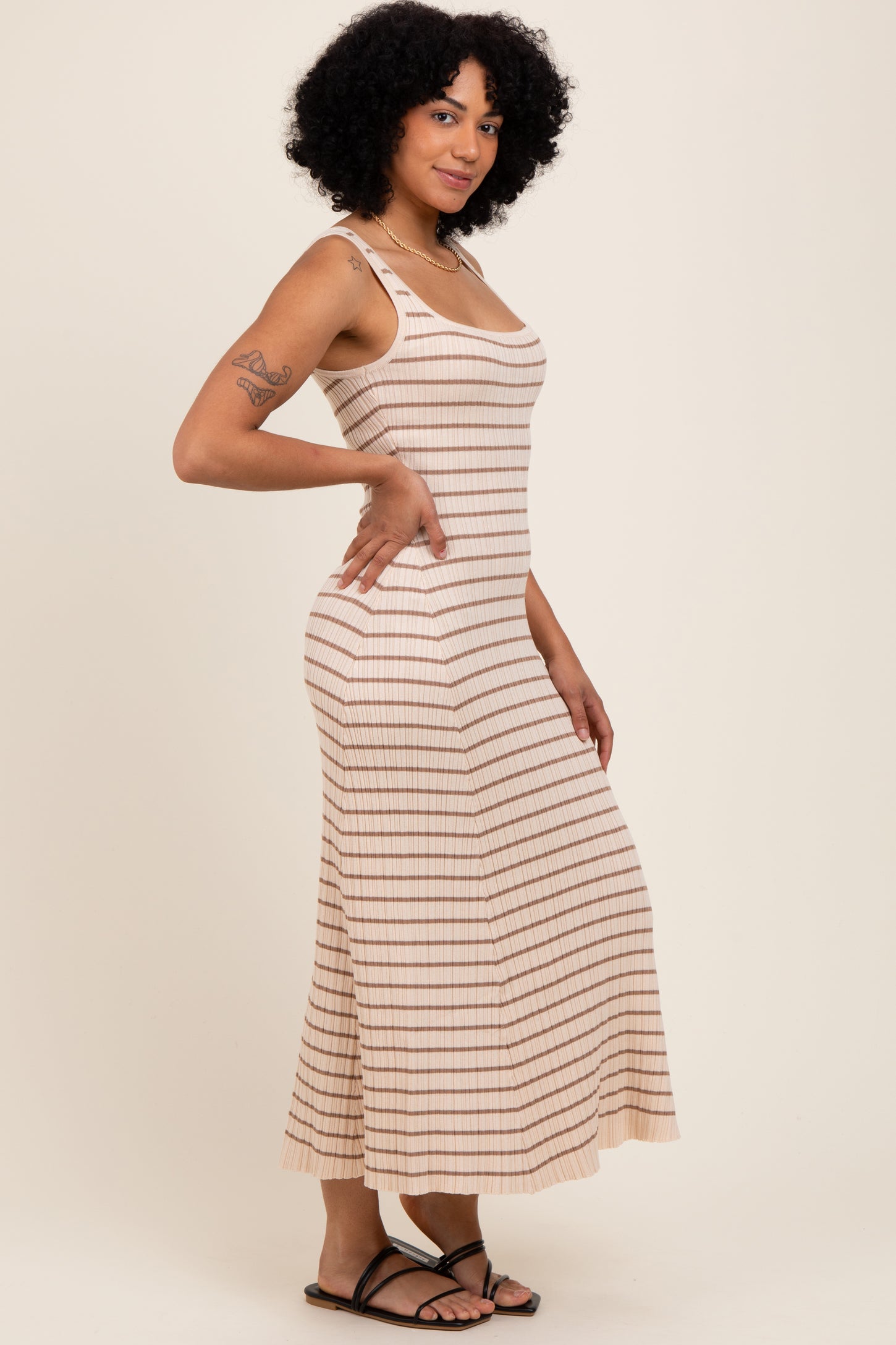 Natural/Mocha Lightweight Rib Fit And Flare Midi Dress