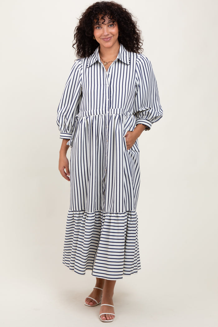 Navy Striped Collar Maxi Dress