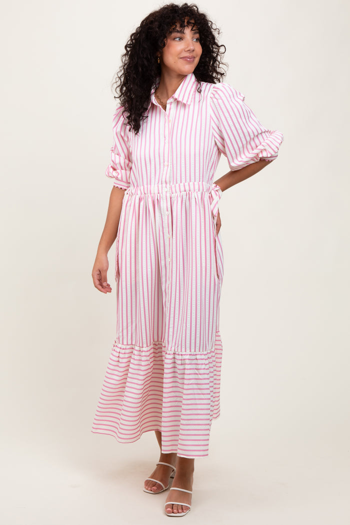 Pink Striped Collar Maxi Dress
