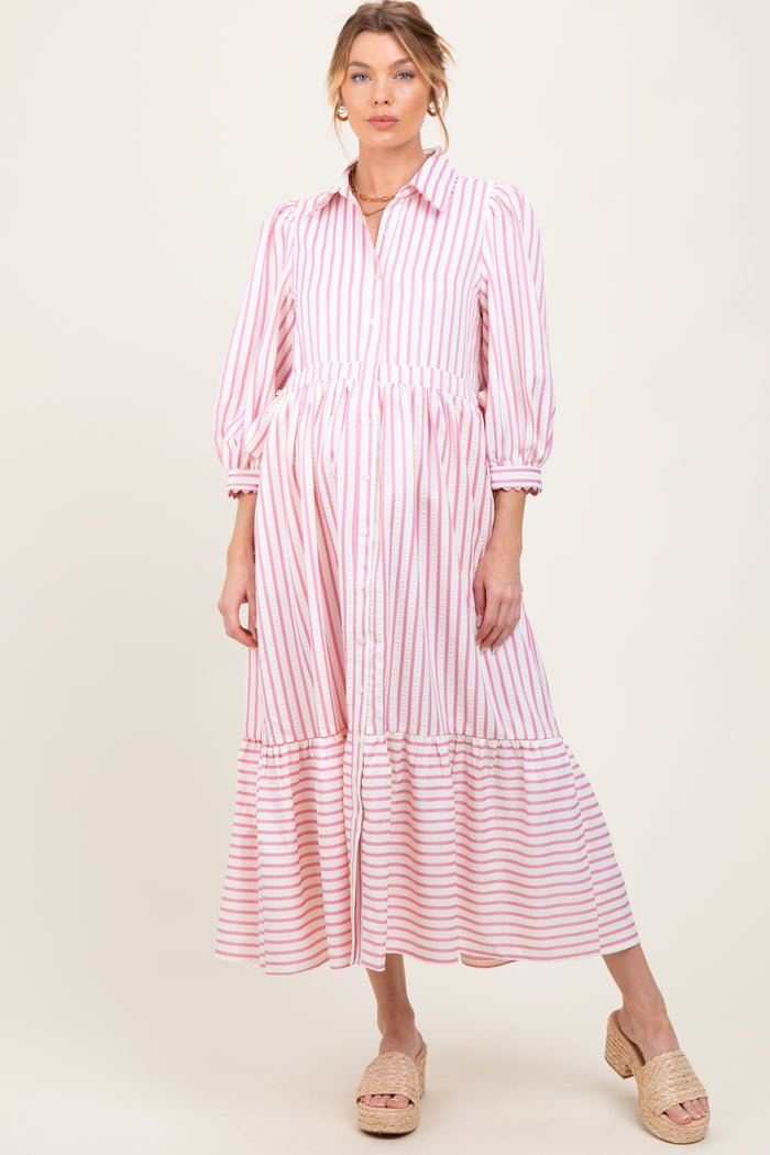 Pink Striped Collar Maternity Maxi Dress