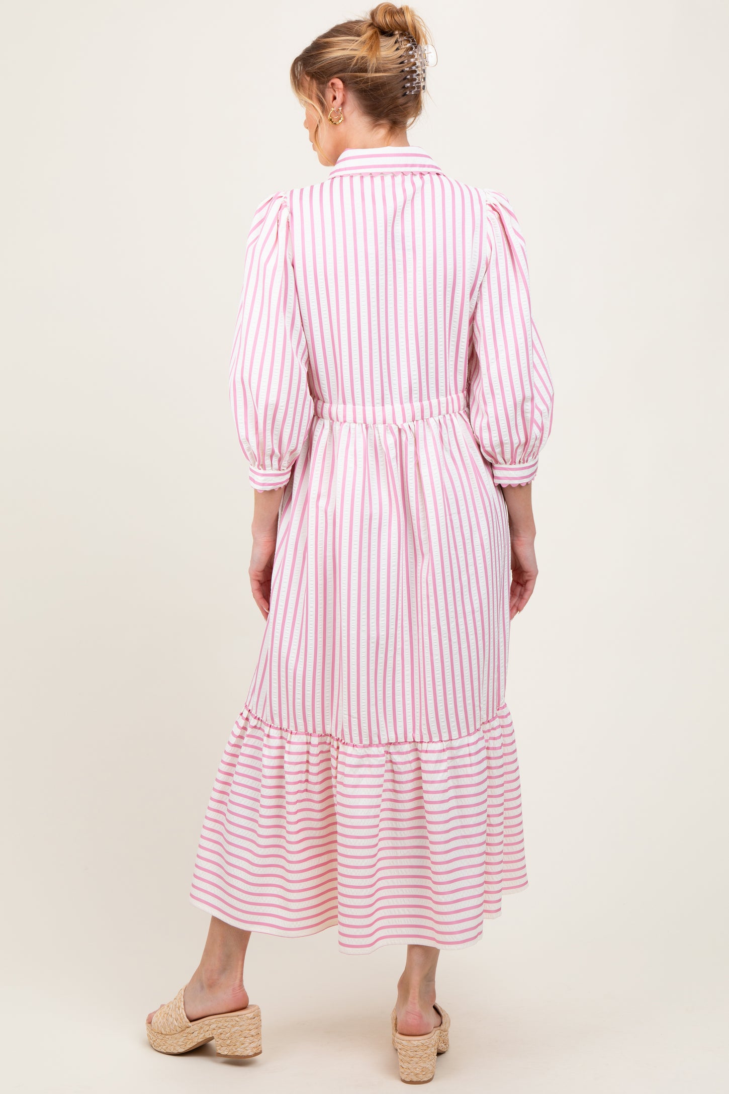 Pink Striped Collar Maternity Maxi Dress