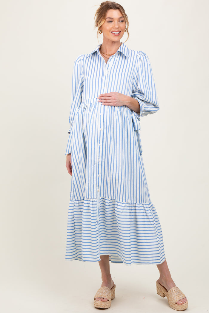 Blue Striped Collar Maternity Maxi Dress