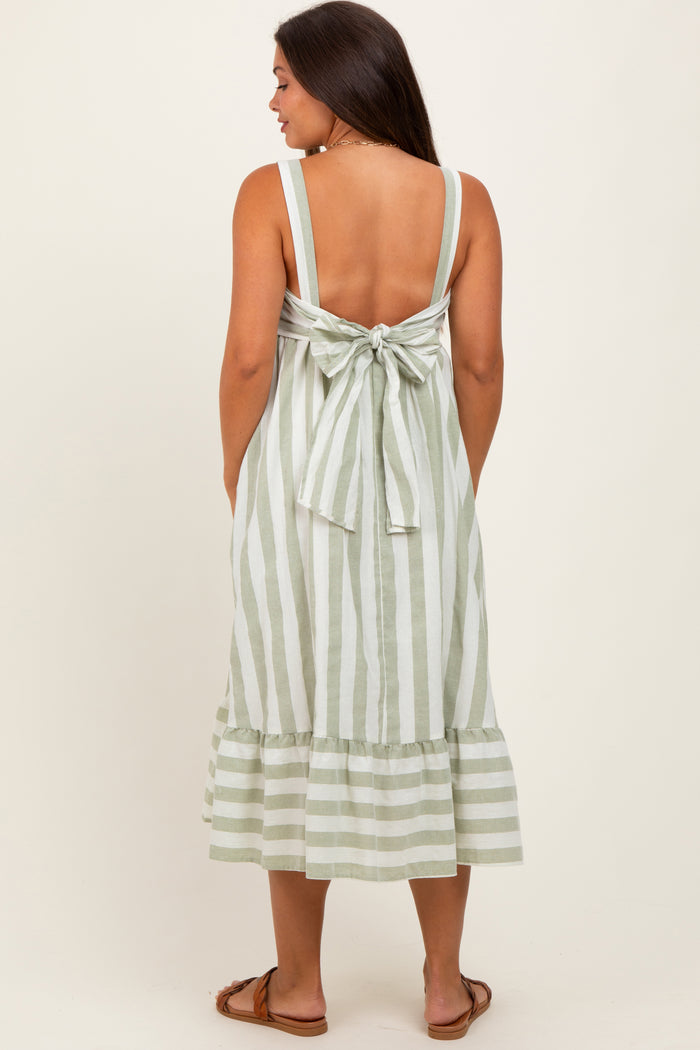 Sage Stripe Back Ribbon Tie Maternity Midi Dress