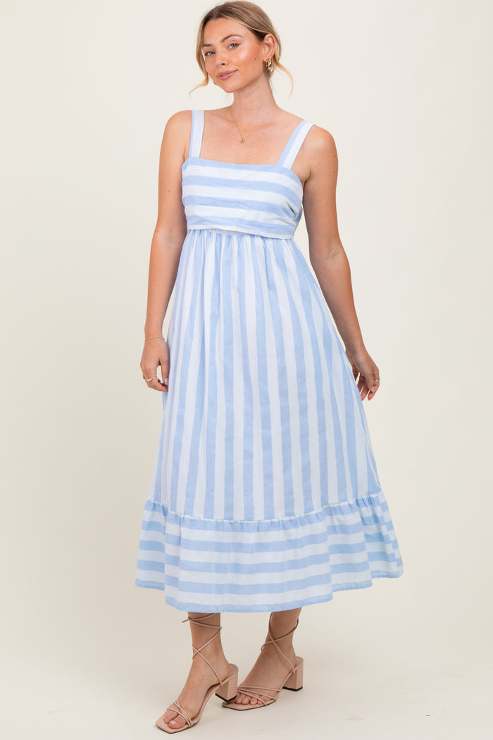 Light Blue Stripe Back Ribbon Tie Midi Dress