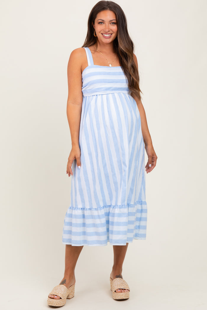 Light Blue Stripe Back Ribbon Tie Maternity Midi Dress