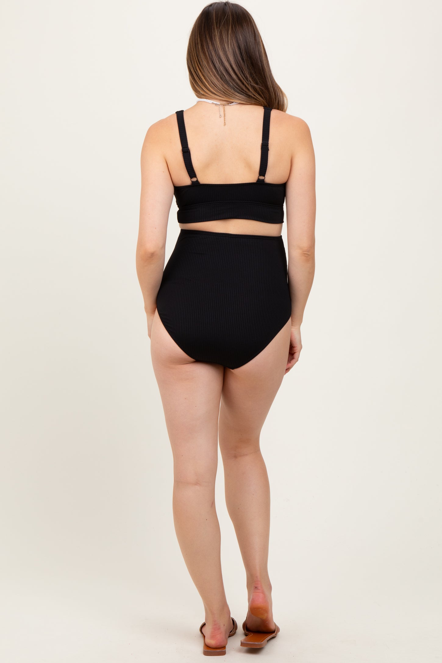 Black Ribbed Twist Cutout Front Maternity Swim Set