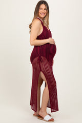 Burgundy Crochet V-Neck Side Slit Maternity Cover Up