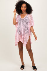 Pink Crochet Knit Maternity Swim Cover Up