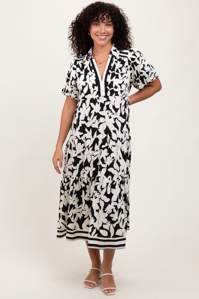Black Botanical Print A Line Tiered Dress