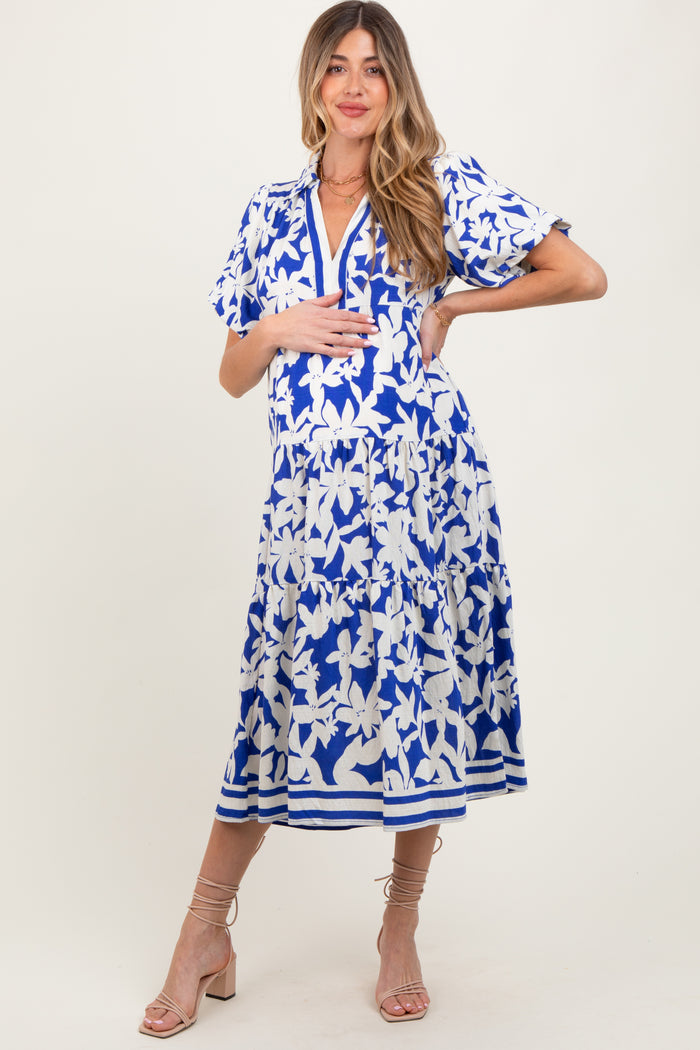 Blue Botanical Print A Line Tiered Maternity Dress