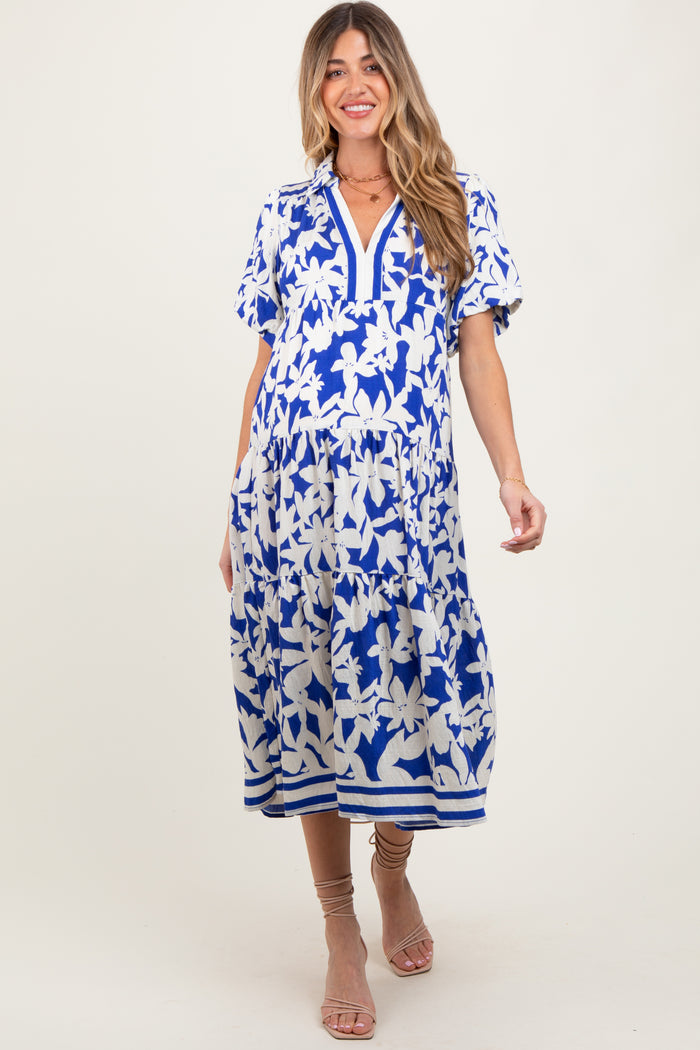 Blue Botanical Print A Line Tiered Maternity Dress