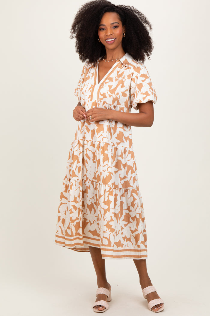 Mocha Botanical Print A Line Tiered Maternity Dress