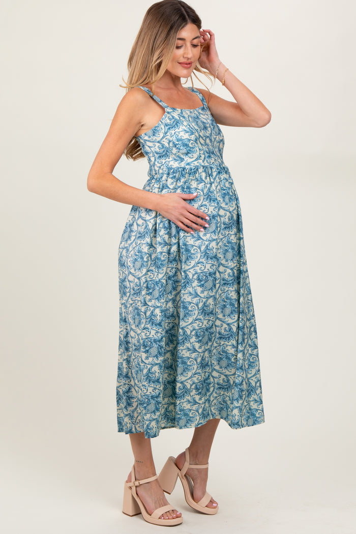 Blue Abstract Print Maternity Midi Dress
