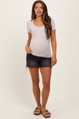 Black High Rise Side Slit Maternity Denim Shorts
