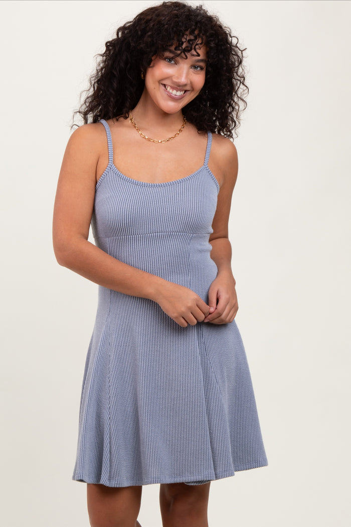 Light Blue Solid Ribbed Knitted Adjustable Strap Sleeveless Mini Dress