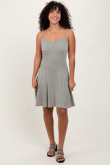 Light Olive Solid Ribbed Knitted Adjustable Strap Sleeveless Mini Dress