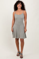 Light Olive Solid Ribbed Knitted Adjustable Strap Sleeveless Mini Dress