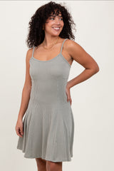 Light Olive Solid Ribbed Knitted Adjustable Strap Sleeveless Mini Dress
