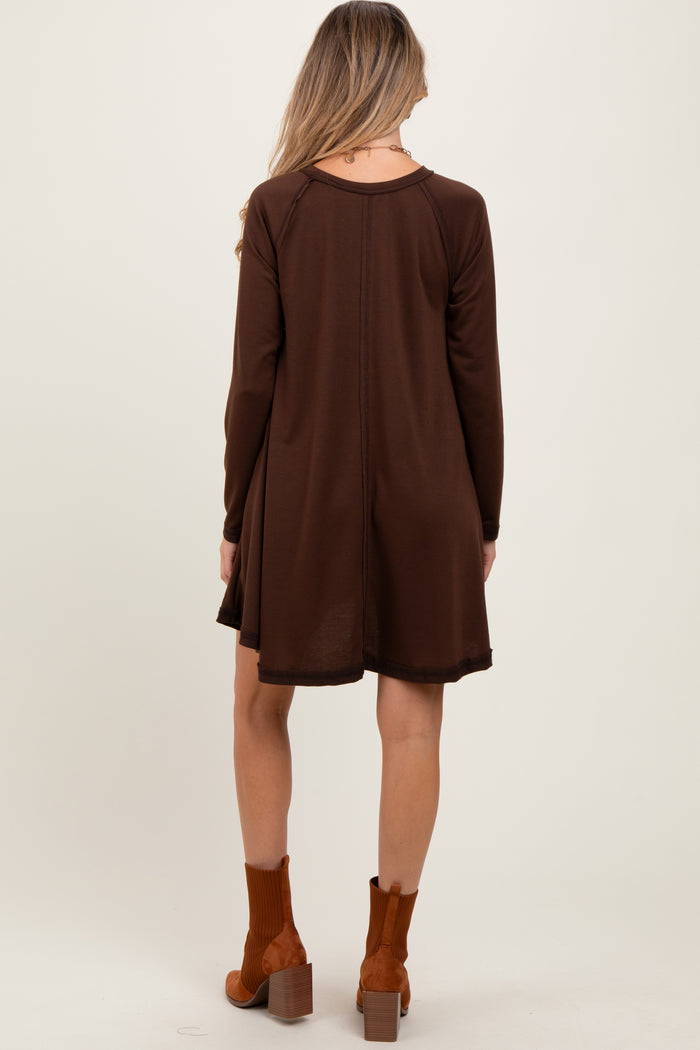 Brown Crew Neck Flared Fit Long Sleeve Maternity Mini Dress