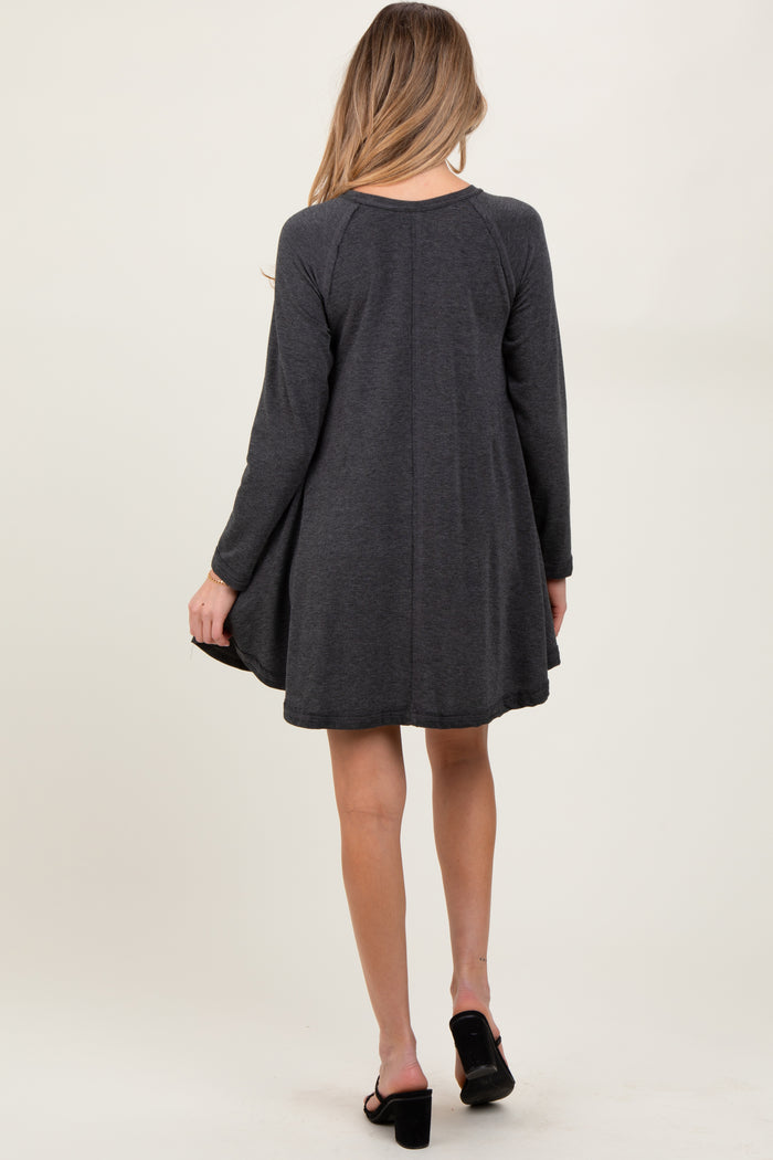 Charcoal Crew Neck Flared Fit Long Sleeve Maternity Mini Dress