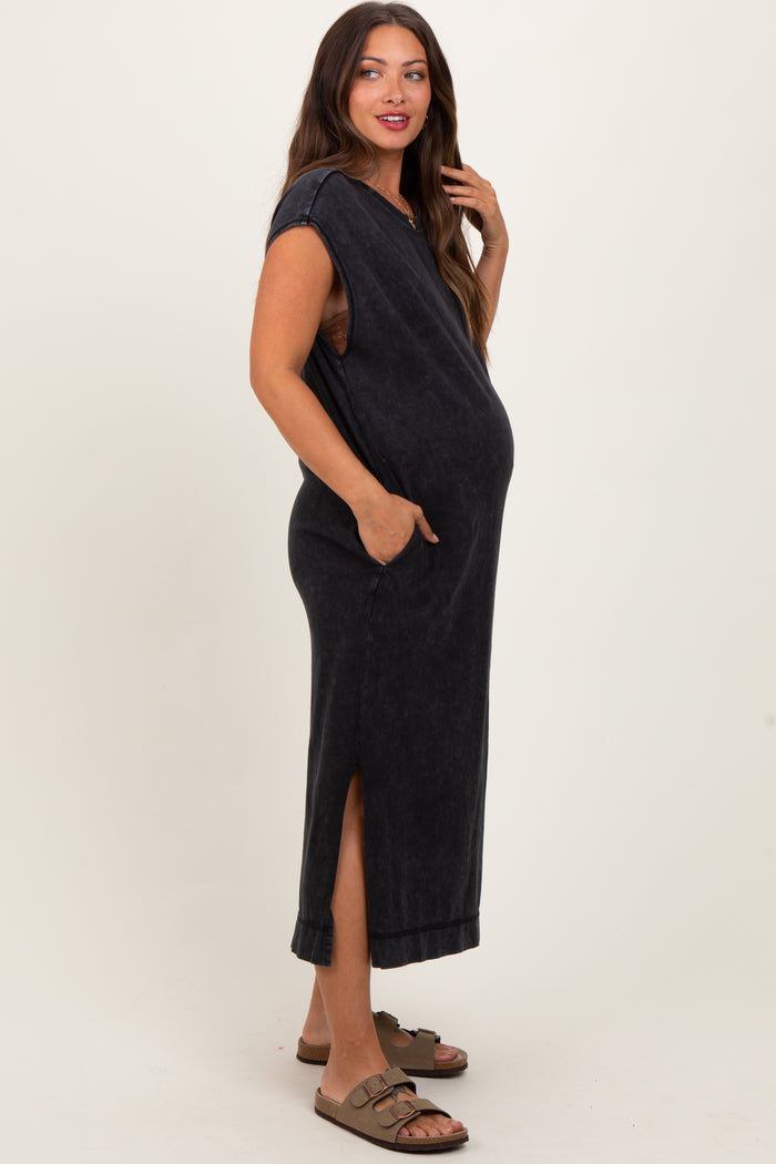 Black Casual Sleeveless Pocketed Maternity Midi Dress