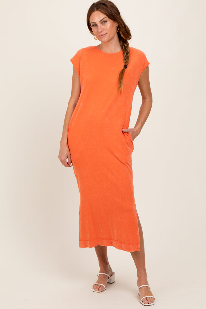 Orange Casual Sleeveless Pocketed Maternity Midi Dress