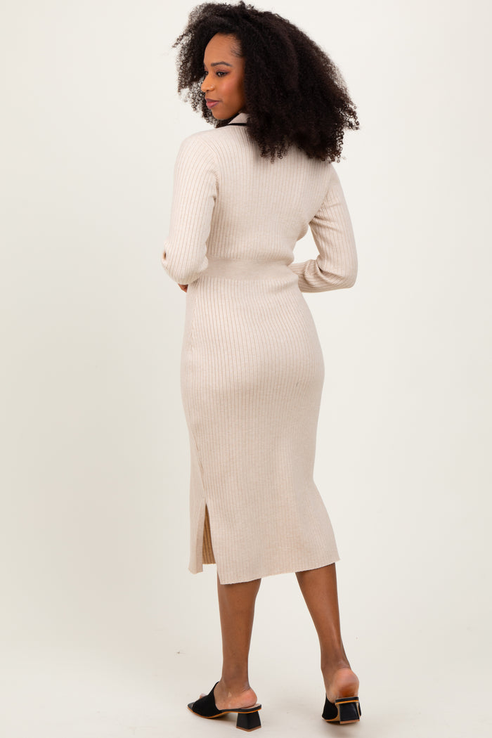 Beige White Trim Collared Fitted Dress