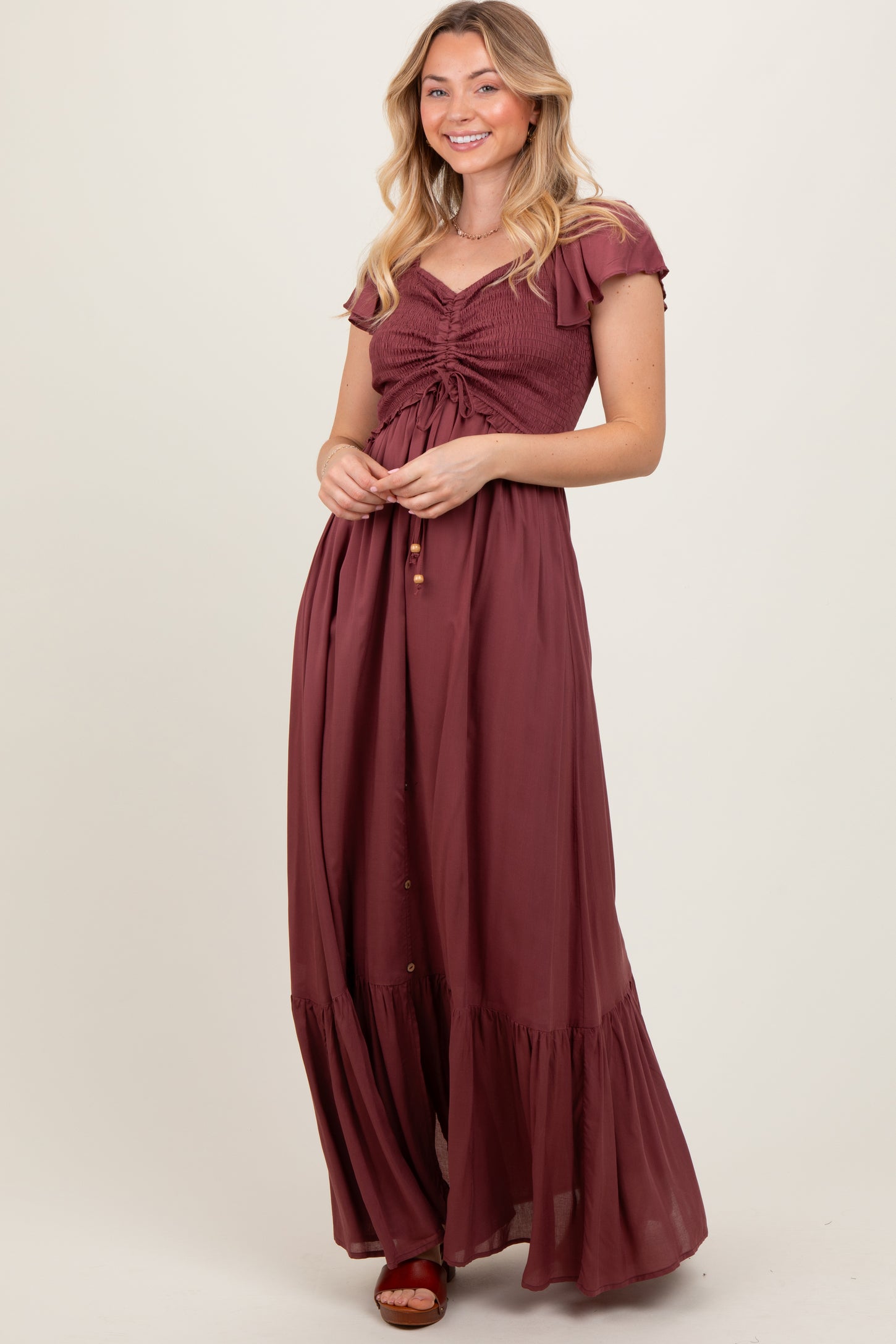 Burgundy Smocked Top Woven Maxi Dress