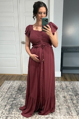 Burgundy Smocked Top Woven Maternity Maxi Dress