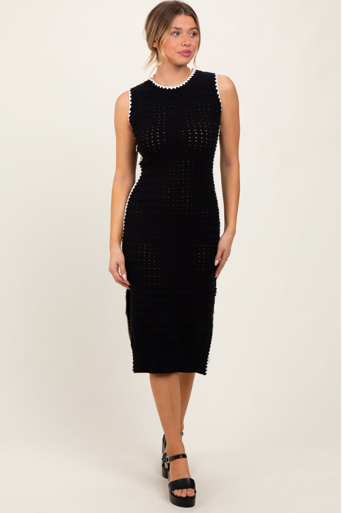 Black Pointelle Contrast Trim Sweater Midi Dress