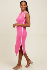 Pink Pointelle Contrast Trim Sweater Midi Dress