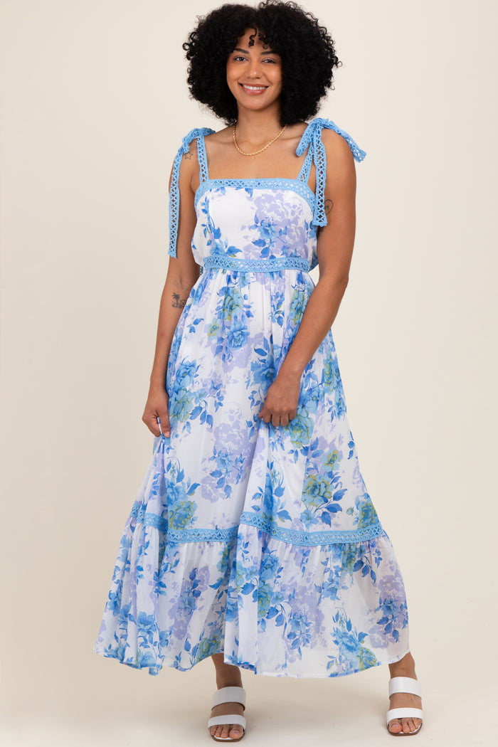 Blue Floral Shoulder Tie Tiered Maxi Dress