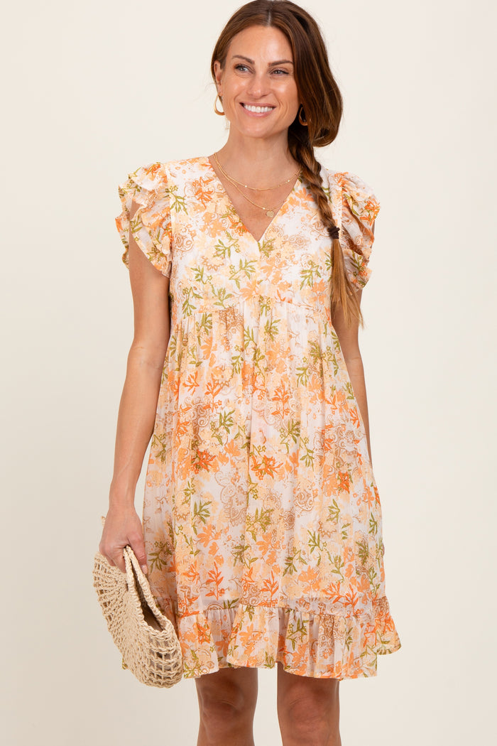 Orange Floral Chiffon Ruffle Short Sleeve Dress