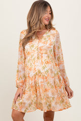 Orange Floral Chiffon Babydoll Long Sleeve Maternity Dress