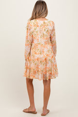 Orange Floral Chiffon Babydoll Long Sleeve Maternity Dress