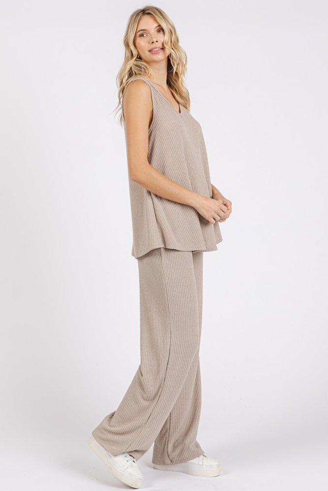 Taupe Rib Knit Tank and Pant Set