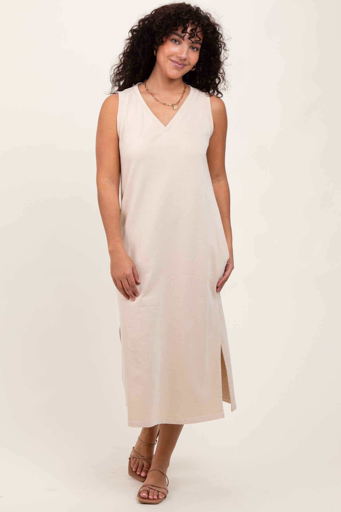 Cream V-Neck Sleeveless Side Slit Midi Dress
