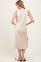 Cream V-Neck Sleeveless Side Slit Maternity Midi Dress