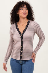 Mocha Striped Ribbed Long Sleeve Lace Detail Button Down Maternity Cardigan